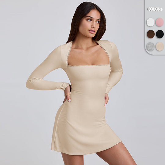 Damen Langärmeliges Minikleid mit elegantem Ausschnitt und Rippstruktur R&B