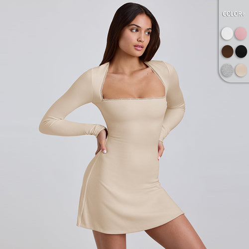 Damen Langärmeliges Minikleid mit elegantem Ausschnitt und Rippstruktur R&B