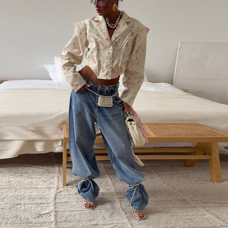 Damen Modische Kurzbluse mit floralen Mustern und Oversized-Schnitten R&B
