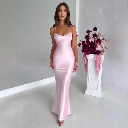 Damen Glamouröses Langarm-Maxi-Kleid mit verstellbaren Trägern und figurbetontem Schnitt R&B