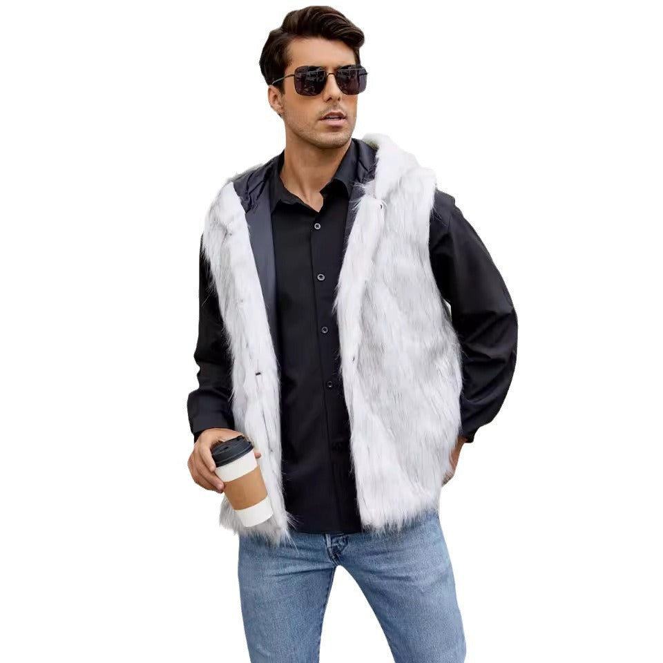 Herren Luxuriöse Kunstfell-Weste mit Kapuze R&B