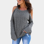 Damen Strickpullover mit offenen Schultern und dekorativem Zopfdesign R&B