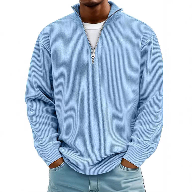 Herren nan gerippter Strickpullover mit halbem Reißverschluss und Stehkragen R&B