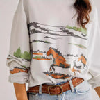Damen Sweatshirt mit kreativer Pferdemotiv-Grafik und lässigem Schnitt R&B
