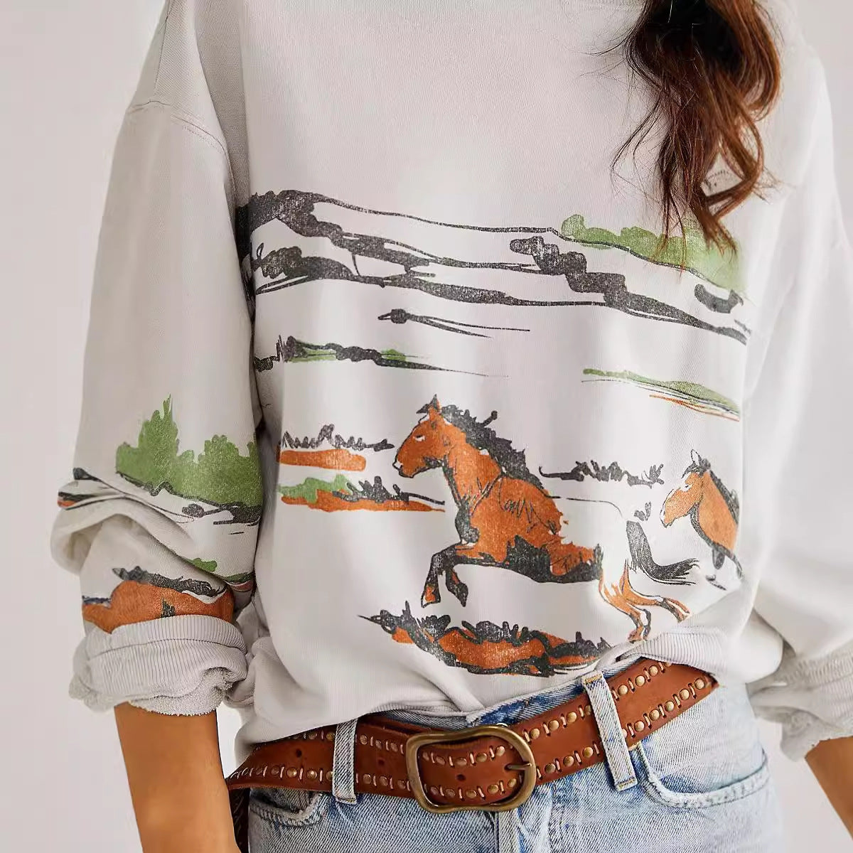 Damen Sweatshirt mit kreativer Pferdemotiv-Grafik und lässigem Schnitt R&B