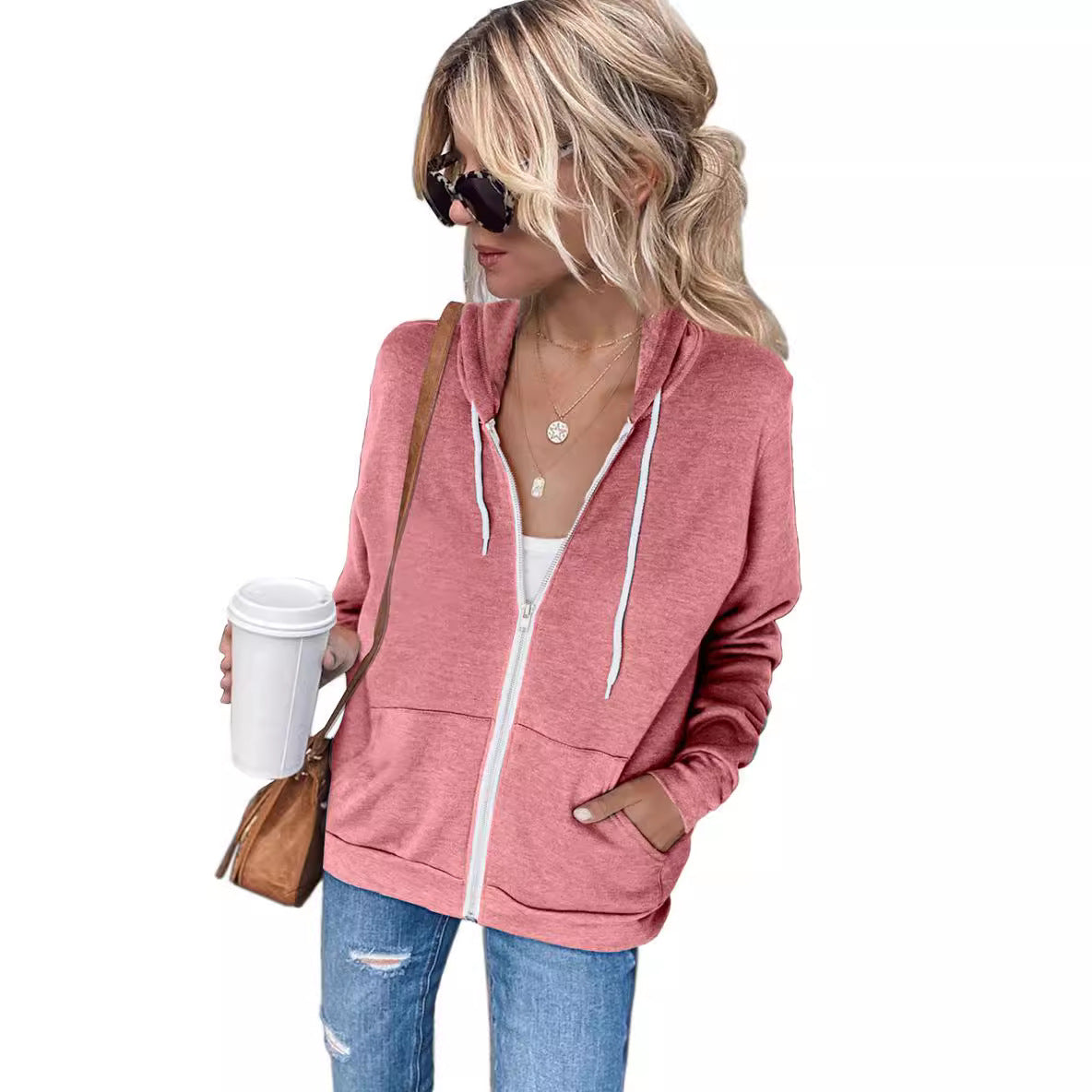 Damen bequemer Kapuzenpullover mit Reißverschluss und seitlichen Taschen R&B