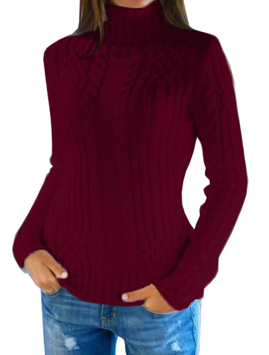 Damen Hochwertiger Strickpullover mit Stehkragen und Zopfmuster R&B