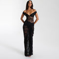 Damen Elegantes Spitzen-Maxi-Kleid mit schulterfreiem Design und Rüschendetails R&B