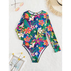 Damen Einteiler Badeanzug mit langem Arm und floralem Design R&B