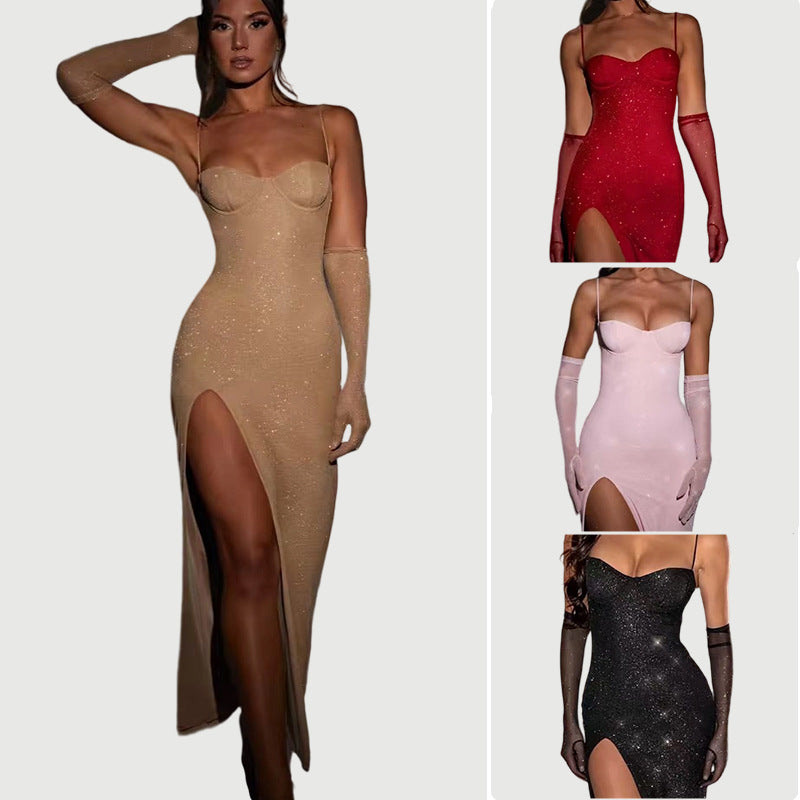 Damen Glamouröses Maxikleid mit transparenten Ärmeln und figurbetontem Schnitt R&B