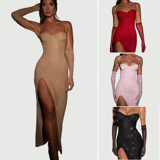 Damen Glamouröses Maxikleid mit transparenten Ärmeln und figurbetontem Schnitt R&B