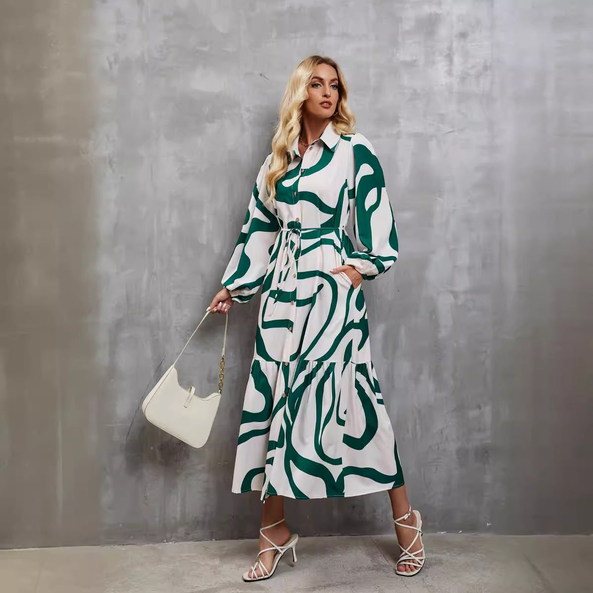 Damen Hemdblusenkleid mit modernem Grafikdruck und taillierter Silhouette R&B