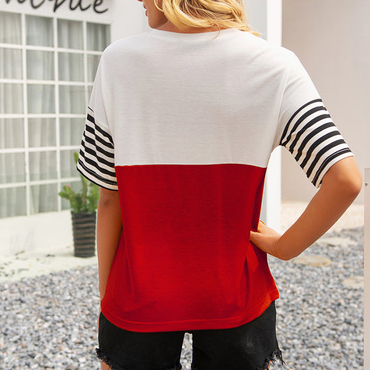Damen modisches T-Shirt mit gestreiften Ärmeln und aufgesetzter Tasche R&B