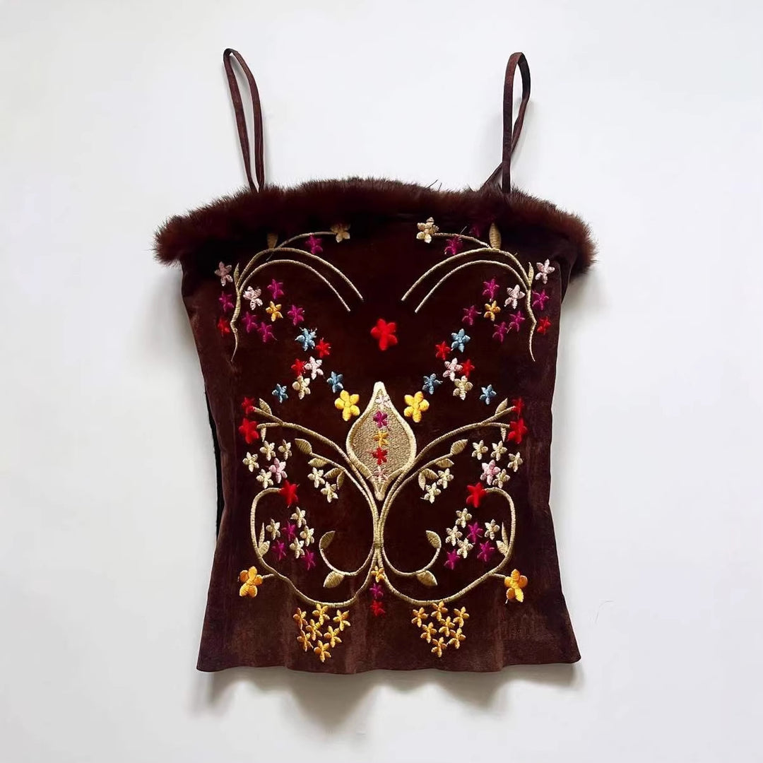 Damen Samt-Blusentop mit floralen Stickereien R&B
