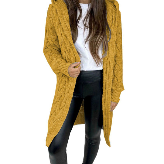 Damen Langer Strickmantel mit strukturiertem Zopfdesign und praktischer Kapuze R&B