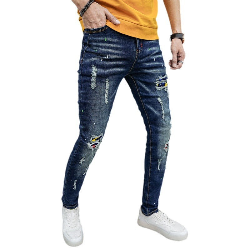 Herren Skinny Fit Jeans mit kreativen Farbklecksen und Rissdesign R&B