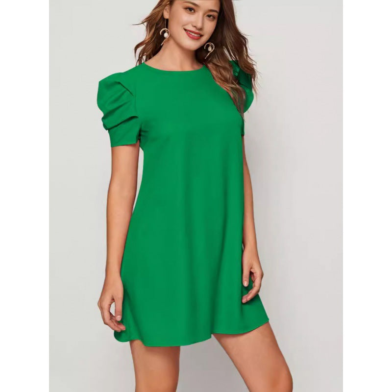 Damen lässiges Kurzarmkleid mit voluminösen Puffärmeln und lockerem Schnitt R&B