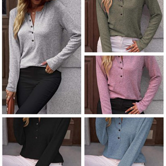 Damen Bequemes Langarmshirt mit Knopfdetail R&B