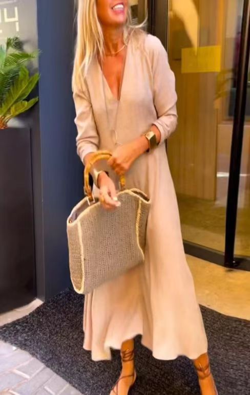 Damen nan bodenlanges V-Ausschnitt Kaftan-Maxikleid aus Leinenmix mit lockerer A-Linie und verdeckten Seitentaschen R&B