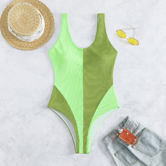 Damen Einteiliger Badeanzug mit tiefem V-Ausschnitt und modischen Farbblock-Design R&B