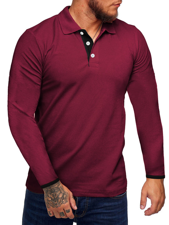Herren Langarm-Polohemd mit kontrastierenden Knopfdetails R&B