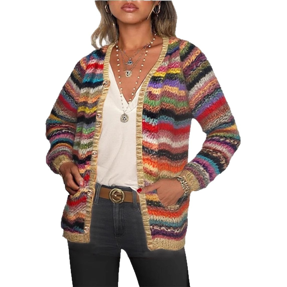 Damen Farbige Strickjacke mit fransigem Detail R&B