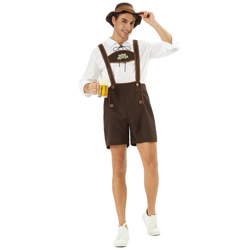 Herren nan kurze Trachtenlederhose mit verstellbaren Trägern und besticktem Brustlatz R&B