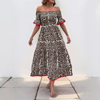 Damen Off-Shoulder Maxikleid mit tierischem Muster und Rüschendetails R&B