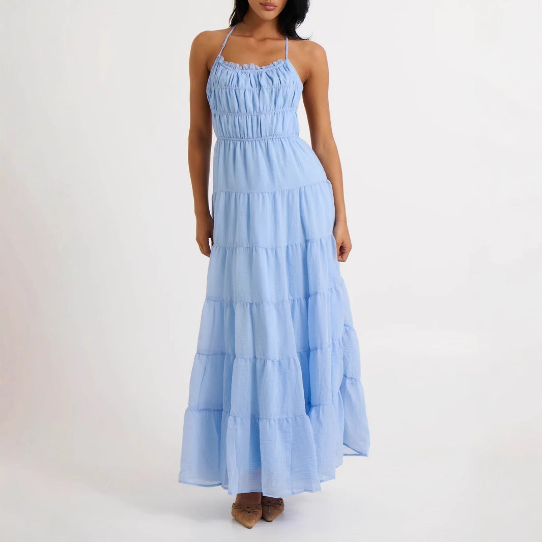 Damen luftiges Maxikleid mit Rüschendetails und elastischem Taillenbund R&B