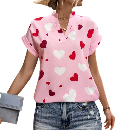 Damen luftiges Blusenshirt mit herzförmigem Print und lockerer Passform R&B