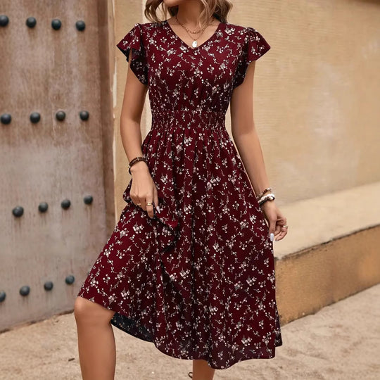 Damen Midikleid mit elastischem Tailleneinsatz und Rüschenärmeln R&B
