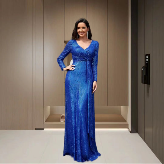 Damen Elegantes Pailletten Abendkleid mit Wickeloptik und langen Ärmeln R&B