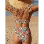 Damen Hochgeschnittener Bikini mit floralem Design und unterstützendem Oberteil