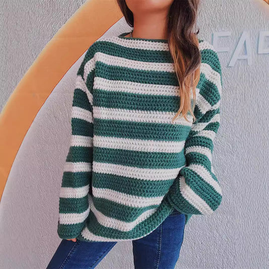Damen lässiger Strickpullover mit blockierendem Streifenmuster und weitem Schnitt R&B