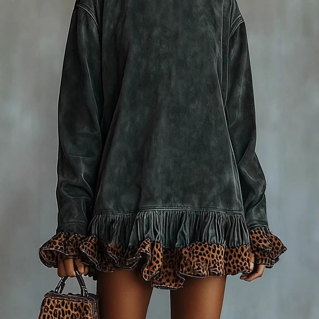 Damen Oversized Sweatkleid mit Leopardenrüsche R&B