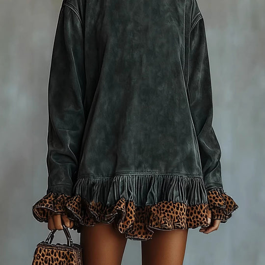 Damen Oversized Sweatkleid mit Leopardenrüsche R&B