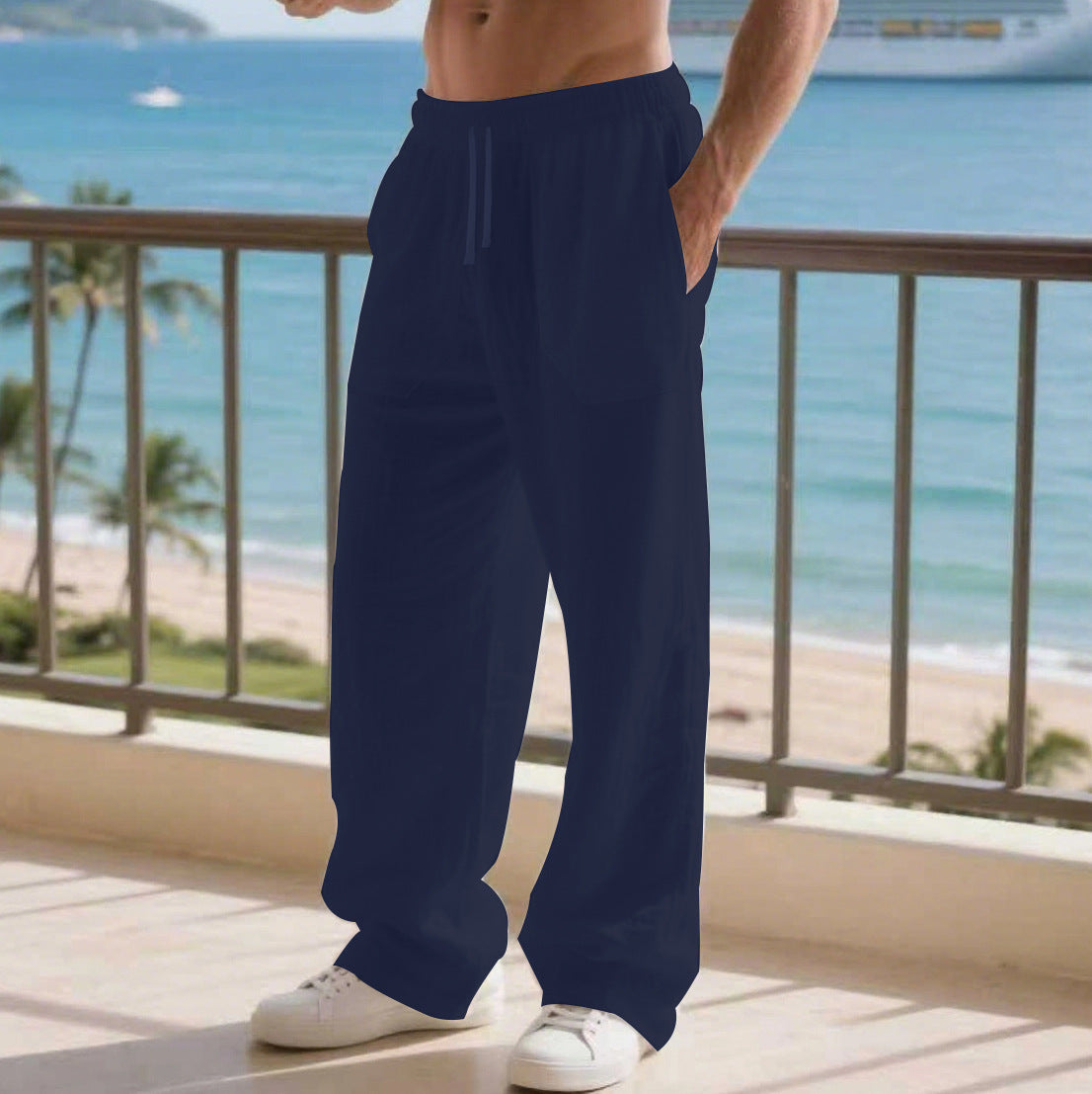 Herren Bequeme Strandhose mit seitlichen Taschen und elastischem Bund R&B