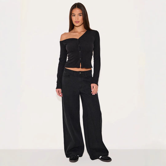 Damen Off-Shoulder Cropped Cardigan mit Knopfleiste R&B
