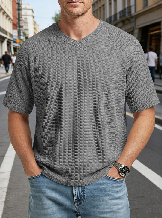 Herren nan lässiges V-Ausschnitt Waffelstrick-T-Shirt aus atmungsaktivem Baumwollmix R&B