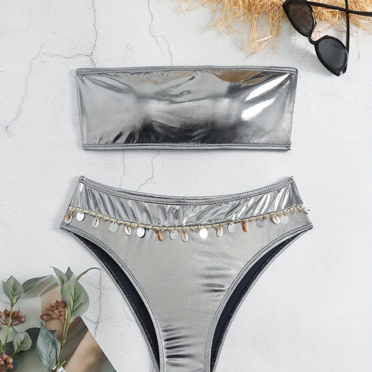 Damen Bandeau-Bikini mit eleganter Glanzoptik und modischen Muscheldetails R&B