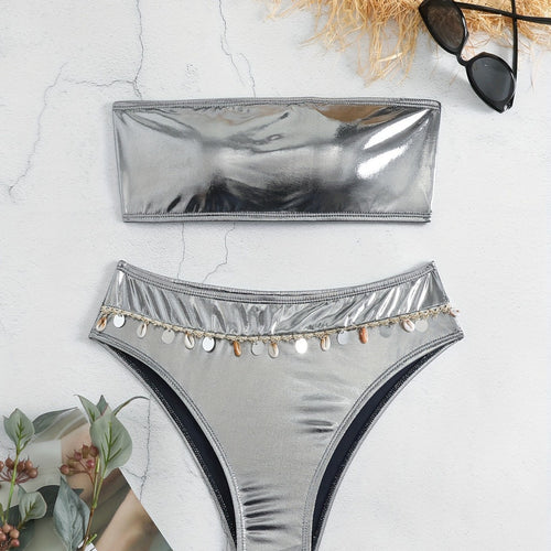 Damen Bandeau-Bikini mit eleganter Glanzoptik und modischen Muscheldetails R&B