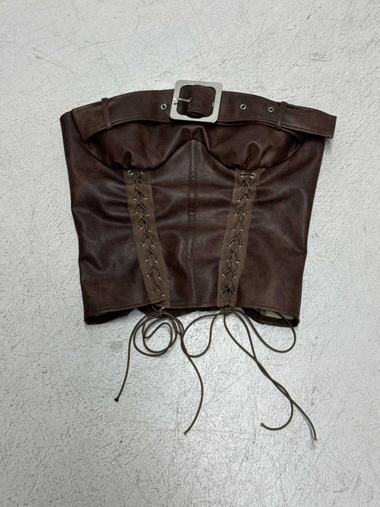 Damen Leder-Corsage mit Schnüroptik und dekorativem Gürtel R&B
