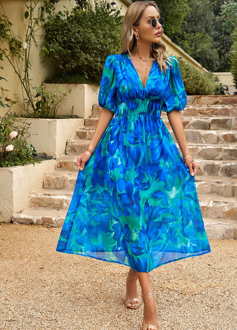 Damen Maxikleid mit Blumenmuster und eleganten Puffärmeln R&B