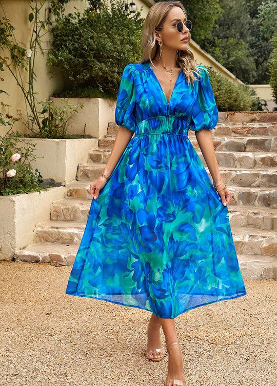 Damen Maxikleid mit Blumenmuster und eleganten Puffärmeln R&B