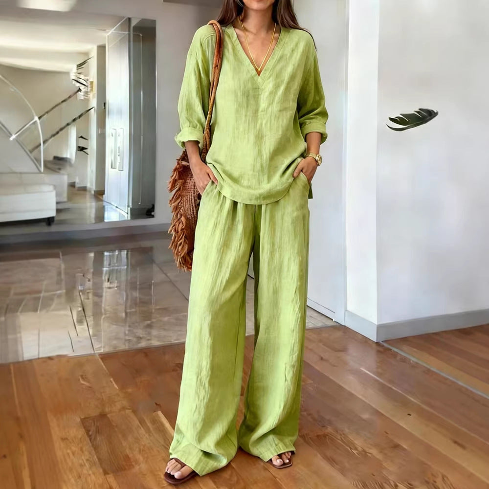 Damen Leichte Sommerhose mit weitem Schnitt und V-Ausschnitt Shirt R&B