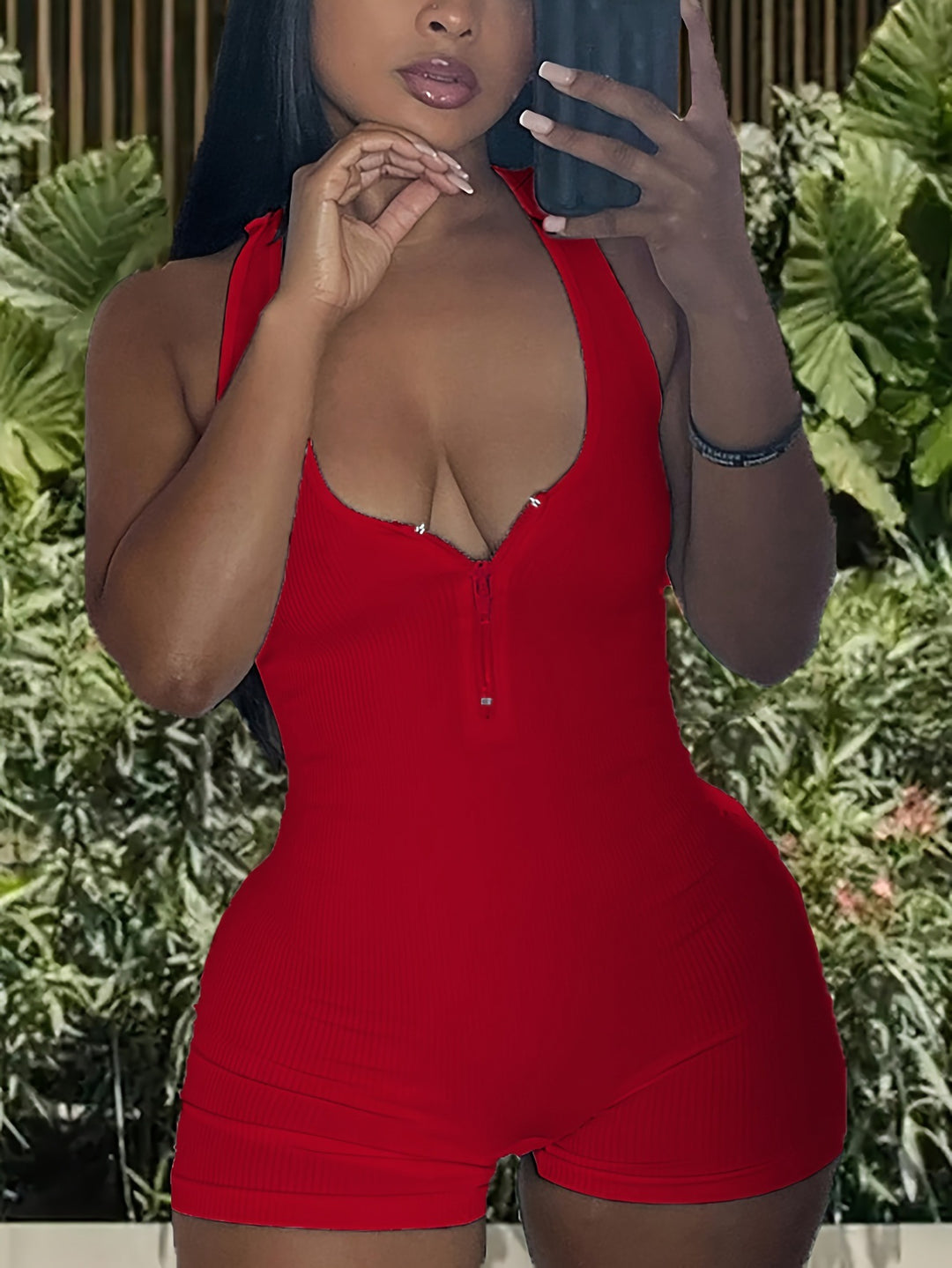 Damen Jumpsuit mit tiefem Ausschnitt und Reißverschluss R&B