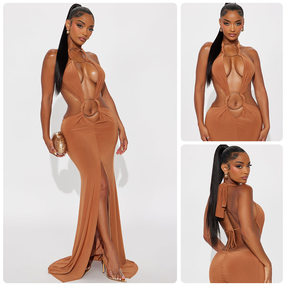 Damen aufregendes Maxikleid mit tiefem V-Ausschnitt und eleganten Raffungselementen R&B