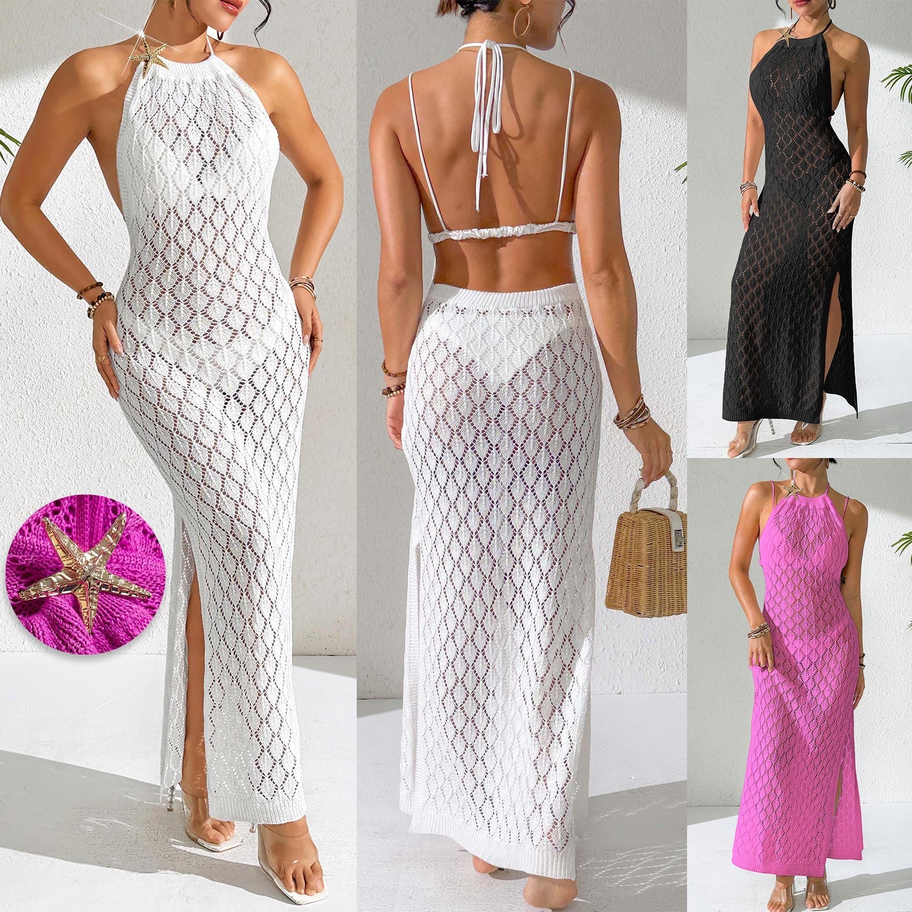 Damen gehäkeltes Maxi-Kleid mit tiefem V-Ausschnitt R&B