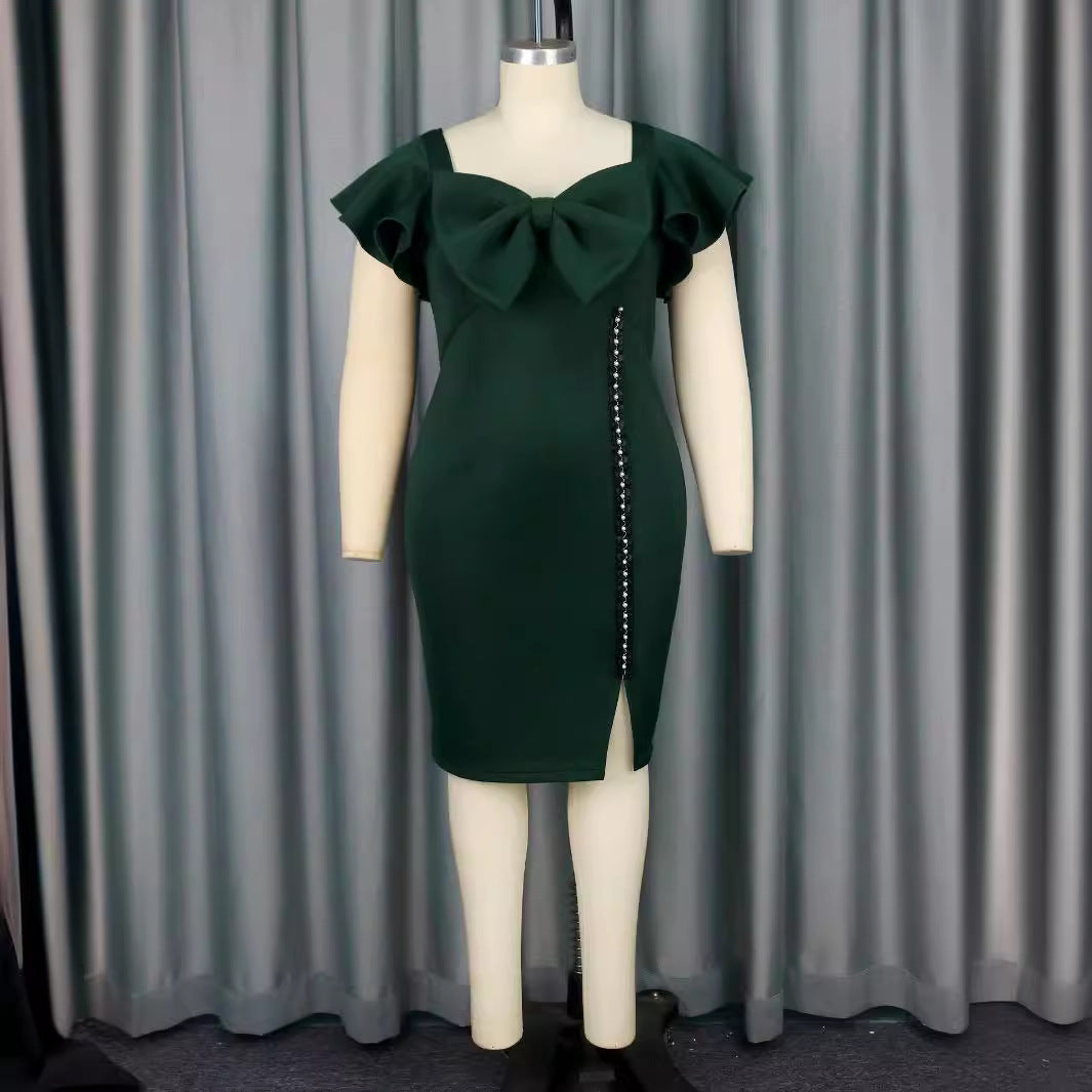 Damen figurbetontes Kleid mit großem Schleifenakzent und seitlichem Schlitz R&B