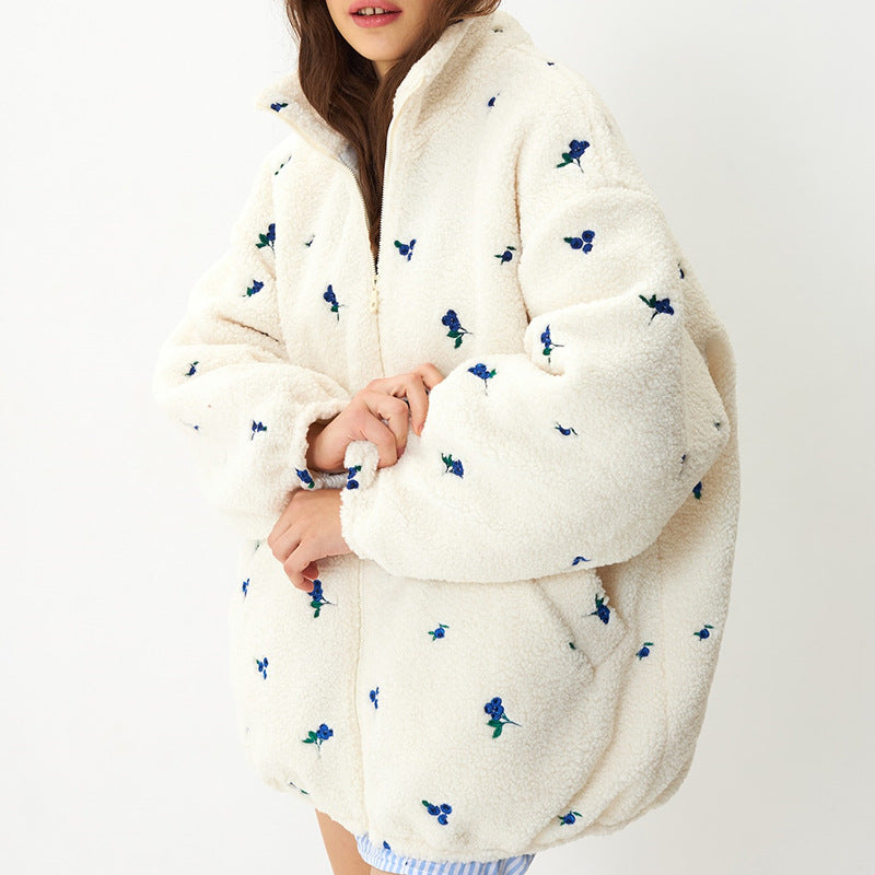 Damen kuschelige Fleecejacke mit Blumenstickerei R&B